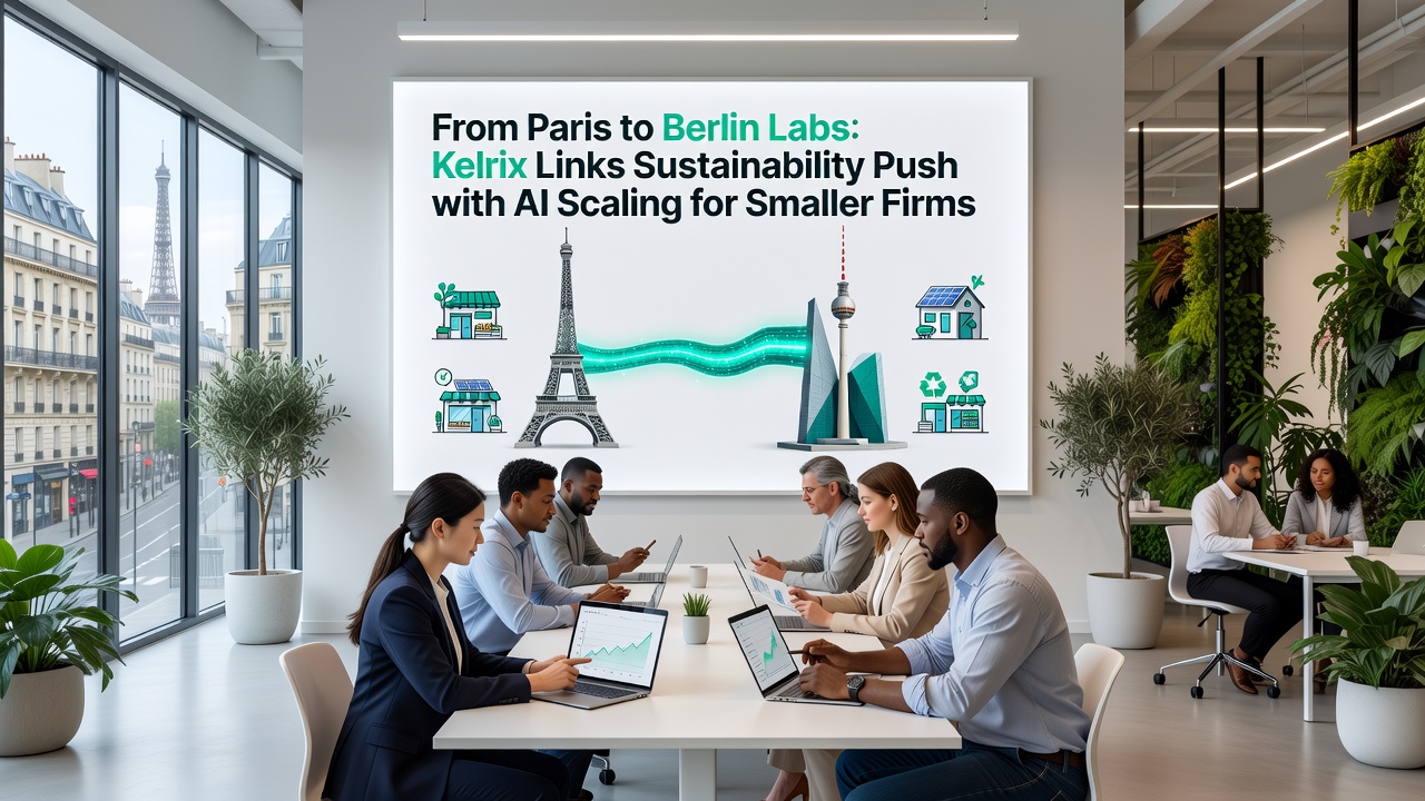 Berlin laboratory workspace displaying AI interface screens focused on SME sustainability tracking