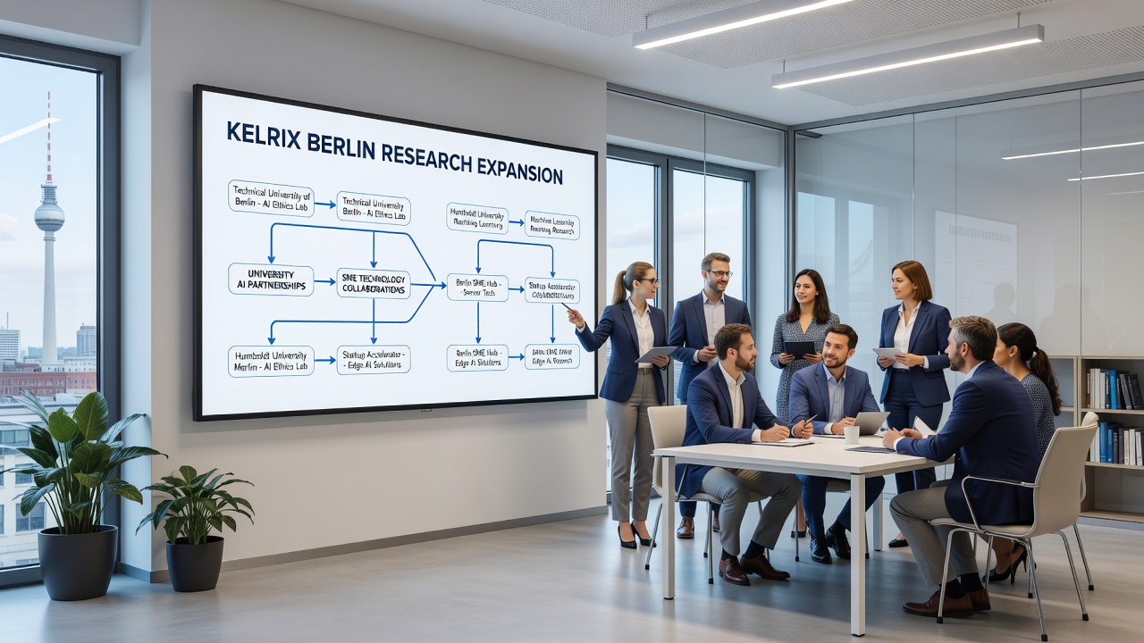 Researchers from Kelrix and partner universities collaborating in a Berlin lab setting with AI visualization screens